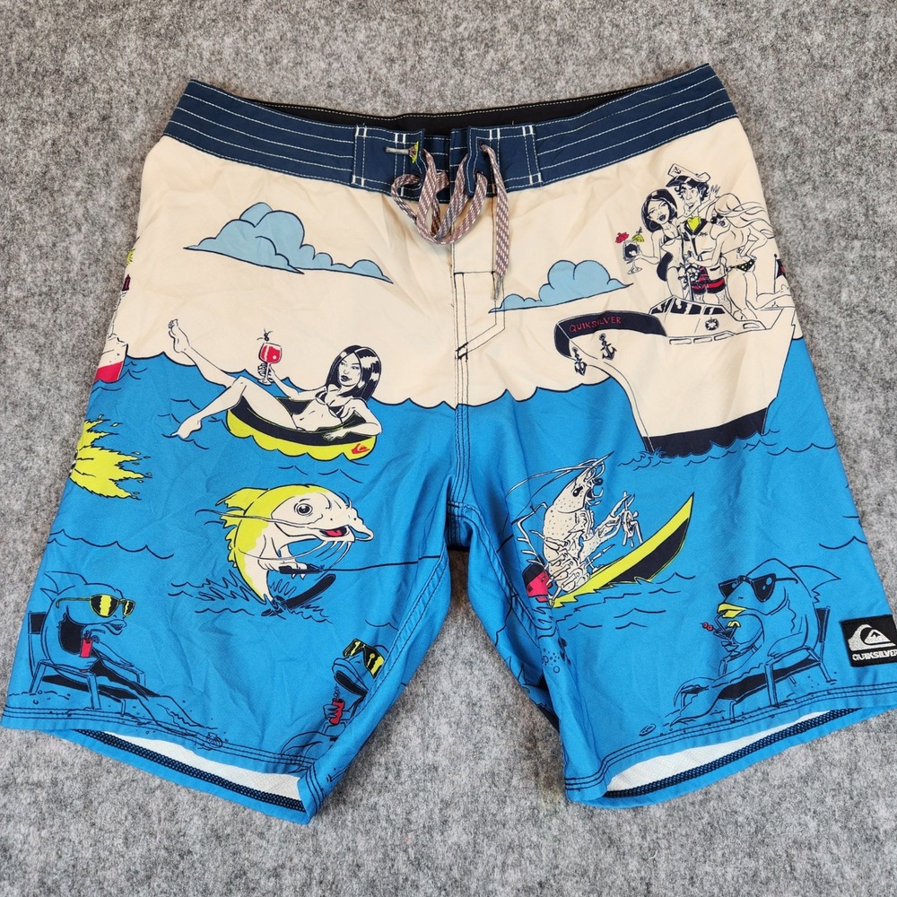 Quiksilver Lake Haveabrew Board Shorts Men 33 Blue Swim Trunks Surf Yatch Shrimp
